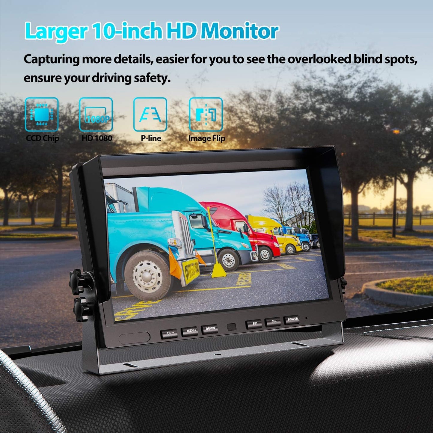 Ⅱ 10" 1080P Wired Backup Camera System,10-Inch HD Dual Split Screen Monitor with Recording IP69 Waterproof Rear View Camera Parking Lines Supports up to 2 Cameras for Truck/Trailer/Rv(Dy101)